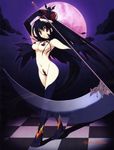  absurdres black_hair breasts cleavage copyright_request highres medium_breasts moon red_eyes scythe solo takanae_kyourin weapon 