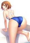  all_fours ass back barefoot brown_hair competition_swimsuit copyright_request feet highres kuri_(kurigohan) one-piece_swimsuit open_mouth short_hair solo swimsuit trefoil wet 