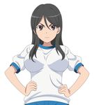  black_hair breasts brown_eyes face frown fukiyose_seiri gym_uniform hands_on_hips highres large_breasts long_hair shirt smile_(rz) solo to_aru_majutsu_no_index vector_trace 