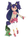  apple axew big_hair blue_hair flat_chest food fruit gen_5_pokemon holding holding_food holding_fruit iris_(pokemon) kanikama leggings long_hair no_socks one_eye_closed pink_eyes pokemon pokemon_(creature) pokemon_(game) pokemon_bw simple_background two_side_up white_legwear 