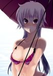  :o areolae bikini breasts harurun large_breasts long_hair ocean original purple_eyes solo swimsuit umbrella water wet white_hair 