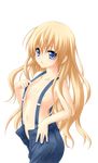  absurdres areolae artist_request blonde_hair blue_eyes colorized flat_chest highres long_hair mayoi_neko_overrun! naked_suspenders navel overalls revealing_clothes simple_background solo suspenders topless umenomori_chise unbuttoned unzipped 