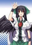  arm_up black_hair bow breasts eyes green_bow hair_bow hirase_yuu large_breasts long_hair polka_dot red_eyes reiuji_utsuho solo touhou wet wet_clothes wings wristband 