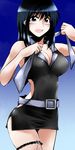  belt black_eyes black_hair blush bow breasts cleavage cosaten curvy garters highres leg_garter long_hair medium_breasts panties pantyshot school_rumble side_slit solo suou_mikoto sweatdrop underwear 