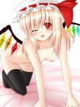  ;p all_fours alternate_hairstyle black_legwear blonde_hair blush flandre_scarlet flat_chest hanazome_dotera hat long_hair nipples nude one_eye_closed red_eyes solo thighhighs tongue tongue_out touhou wings 