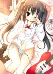  alarm_clock bag black_hair brown_eyes cherry_blossoms clock flower guitar instrument k-on! long_hair nakano_azusa one_eye_closed ooji_cha panties paper petals rubbing_eyes school_uniform side-tie_panties sleepy solo striped striped_panties twintails underwear untied 