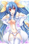  alternate_color asymmetrical_wings bad_id bad_pixiv_id blue_hair blush breasts cameltoe dizzy guilty_gear large_breasts long_hair mikan_(5555) navel open_mouth red_eyes ribbon solo tail tail_ribbon thighhighs wings 