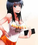  black_eyes black_hair breasts cleavage clothes_writing cosaten employee_uniform highres hooters large_breasts no_legwear product_placement school_rumble short_shorts shorts solo suou_mikoto uniform 