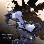  blonde_hair blue_eyes bodysuit breasts covered_nipples dutch_angle glowing hand_on_hip happy_birthday impossible_clothes kneeling large_breasts mecha miyata_sou muvluv muvluv_alternative muvluv_total_eclipse pilot_suit shiny shiny_clothes short_hair skin_tight smile solo stella_bremer 