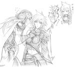  1boy 1girl :&lt; alternate_costume breasts chibi cleavage cloud_strife dissidia_final_fantasy final_fantasy final_fantasy_ii final_fantasy_vii final_fantasy_vii_advent_children frioniel genderswap greyscale large_breasts long_hair midriff monochrome navel no open_clothes open_shirt ponytail shinzui_(fantasysky7) shirt spiked_hair sweat translated zipping 