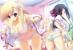  absurdres ama_ane ass black_hair blonde_hair blue_eyes blush bow bow_panties bra breasts butt_crack cleavage green_bra green_panties highres kikurage_(plastic_people) large_breasts lingerie long_hair looking_back mouth_hold multiple_girls open_clothes open_shirt panties panty_pull pink_bra pink_panties purple_eyes ribbon shirt takashina_natsumi underwear undressing very_long_hair yashima_otome 
