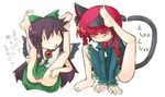  animal_ears bad_feet braid cat_ears cat_tail kaenbyou_rin long_hair multiple_girls no_panties red_hair reiuji_utsuho sasa1020 spread_legs tail touhou translation_request twin_braids wings 