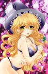  blonde_hair blush bra braid covering embarrassed fragran0live frills hat highres kirisame_marisa lingerie long_hair panties solo touhou underwear underwear_only witch_hat yellow_eyes 