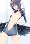  black_hair blush bodysuit breasts breasts_apart brown_eyes cameltoe colored_eyelashes hat looking_at_viewer low_wings medium_breasts navel open_clothes parody pointy_ears sakurai_energy shameimaru_aya short_hair skin_tight solo style_parody tokin_hat touhou unzipped wavy_mouth wings 