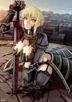  ahoge alternate_breast_size armor armored_dress artoria_pendragon_(all) as109 black_armor black_legwear blonde_hair boots breasts chinese_commentary cityscape cleavage commentary_request dark_excalibur dress fate/stay_night fate_(series) garter_straps gauntlets hand_on_hilt kneeling looking_at_viewer medium_breasts planted_sword planted_weapon saber_alter seiza signature sitting sky solo sword thigh_boots thighhighs weapon yellow_eyes 