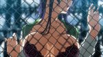  against_fence bra breast_press breasts breasts_outside busujima_saeko chain-link_fence fence highres highschool_of_the_dead lace lace-trimmed_bra large_breasts lingerie lips long_hair open_clothes open_mouth purple_hair school_uniform screencap serafuku solo strap_gap underwear 