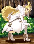  ar_tonelico ar_tonelico_ii ass blonde_hair chroche_latel_pastalie elbow_gloves forest gloves hair_ornament high_heels highres hou_(hachiyou) image_sample long_hair looking_back nature no_panties pixiv_sample purple_eyes shoes solo squatting 