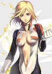  bad_id bad_pixiv_id biker_clothes bikesuit blonde_hair blue_eyes bodysuit breasts center_opening cleavage durarara!! fujiwara full-length_zipper large_breasts navel no_bra open_clothes short_hair sketch solo unzipped vorona zipper 