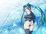  aqua_eyes aqua_hair ass bad_id bad_pixiv_id blush detached_sleeves from_behind hatsune_miku headset highres long_hair looking_back mahiro_aki necktie no_pants panties solo striped striped_panties thighhighs twintails underwear very_long_hair vocaloid zoom_layer 