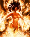  artist_request black_hair fire glowing glowing_eyes horns navel no_nipples nude open_mouth original solo 