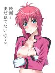  aqua_eyes blush breast_hold breasts celestial_being_uniform feldt_grace gloves gundam gundam_00 gundam_00_a_wakening_of_the_trailblazer hasil jacket medium_breasts nipples open_clothes red_hair short_hair solo translated 