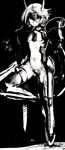  blazblue breasts expressionless greyscale gun hair_between_eyes highres leg_up looking_at_viewer monochrome mu-12 navel revealing_clothes small_breasts solo standing standing_on_one_leg tomotototo weapon 