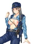  bad_id bad_pixiv_id belt black_hair breasts copyright_request female_service_cap hat himeshima_koukichi large_breasts nipples open_clothes open_shirt police police_hat police_uniform policewoman shirt shirt_lift simple_background solo uniform watch wristwatch 