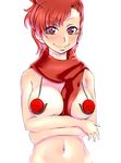  between_breasts blush breasts convenient_censoring female_protagonist_(persona_3) headphones medium_breasts naked_scarf navel nude out-of-frame_censoring persona persona_3 persona_3_portable red_eyes red_hair sato_iori scarf smile solo 