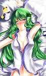  blush breasts cleavage detached_sleeves doll frog green_hair hair_ornament kochiya_sanae large_breasts long_hair lying no_bra on_back shanghai_doll snake solo tears touhou wordcindy 