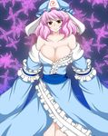  breasts brown_eyes cleavage hat japanese_clothes large_breasts off_shoulder pink_hair saigyouji_yuyuko solo touhou zefyu 