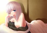  bad_id bad_pixiv_id bare_shoulders blue_eyes breasts cleavage konpaku_youmu konpaku_youmu_(ghost) lying no_hairband off_shoulder on_stomach open_mouth oyaji-sou sarashi short_hair silver_hair sleepy small_breasts solo touhou wince 