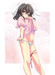 :3 animal_ears belly black_hair bunny_ears carrot carrot_necklace dress dress_lift groin highres inaba_tewi jewelry navel necklace one_eye_closed panties panty_pull pendant red_eyes ribbon sea_chicken shirt_lift short_hair solo striped striped_panties teasing thigh_ribbon touhou underwear 