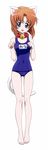  absurdres animal_ears ass_visible_through_thighs barefoot bell bell_collar blue_eyes blush brown_hair cat_ears cat_tail collar full_body highres higurashi_no_naku_koro_ni jingle_bell legs name_tag official_art one-piece_swimsuit open_mouth paw_pose ryuuguu_rena sakai_kyuuta school_swimsuit short_hair simple_background smile solo swimsuit tail 