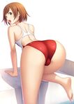  ass back brown_hair climbing competition_swimsuit copyright_request fat_mons highres kuri_(kurigohan) looking_back one-piece_swimsuit open_mouth shiny shiny_clothes shiny_skin short_hair simple_background solo swimsuit trefoil wet 