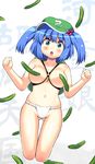  backpack bag blue_eyes blue_hair breasts breasts_apart censored cucumber fundoshi hair_bobbles hair_ornament hat japanese_clothes kawashiro_nitori key large_breasts short_hair solo takadoya topless touhou twintails two_side_up underwear underwear_only 