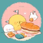  3others bird chick chicken chicken_nuggets daifuku_(tenmiyakiyo) drooling eating floating food highres holding holding_food kimipiyo_(tenmiyakiyo) mini_flag multiple_others no_humans object_on_head original saliva submarine_sandwich tenmiyakiyo usachii_(tenmiyakiyo) 