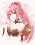  1girl armor black_choker blue_eyes braid breasts choker cleavage closed_mouth collarbone detached_sleeves dress floating_hair high_ponytail highres long_hair long_sleeves medium_breasts off-shoulder_dress off_shoulder pink_hair shiny shiny_hair shionne_(tales) shoulder_armor smile solo tales_of_(series) tales_of_arise upper_body very_long_hair white_dress white_sleeves yutohiroya 