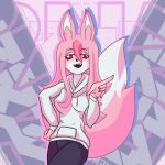  absurd_res anthro brand_new_animal canid canine female fox fur gesture hair hi_res mammal nazuna_hiwatashi pink_body pink_fur pink_hair pointing pose red_eyes smile solo spin_your_sin studio_trigger white_body white_fur 