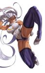  1girl :d absurdres animal_ears bare_shoulders biceps boku_no_hero_academia breasts covered_abs covered_navel crescent_print crotch dark-skinned_female dark_skin fur_collar gloves hair_between_eyes highleg highleg_leotard highres large_breasts leotard long_eyelashes long_hair looking_at_viewer midair mirko muscular muscular_female purple_thighhighs rabbit_ears rabbit_girl rabbit_tail red_eyes sibo sleeveless_turtleneck_leotard smile solo tail taut_leotard thick_thighs thighhighs thighs very_long_hair white_background white_gloves white_hair white_leotard 