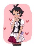  1boy antenna_hair apron artist_request bangs black_choker black_garter_straps black_hair black_thighhighs blue_eyes blush choker dark_skin frilled_choker frills garter_straps goh_(pokemon) hair_ornament hairclip highres looking_at_viewer maid maid_apron male_focus non-web_source otoko_no_ko pokemon pokemon_(anime) pokemon_journeys short_hair solo source_request thighhighs 