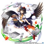  1girl bag bird_wings black_hair black_ribbon black_skirt black_wings bobby_socks brown_bag camera collared_shirt feathered_wings frilled_skirt frills full_body geta hand_fan happy hat hauchiwa holding holding_fan leaf-pattern_stripe neck_ribbon newspaper official_art open_mouth photo_(object) pointy_ears puffy_short_sleeves puffy_sleeves red_eyes red_footwear red_headwear ribbon rotte_(1109) shameimaru_aya shirt short_hair short_sleeves shoulder_bag skirt socks solo tengu-geta tokin_hat touhou touhou_lost_word white_shirt white_socks wings 