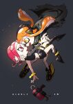  2girls :d agent_3_(splatoon) agent_8_(splatoon) black_cape black_footwear boots cape dropping eye_contact fang grey_background hand_on_another&#039;s_head headgear high-visibility_vest high_heel_boots high_heels highres holding_hands inari1369 inkling inkling_girl interlocked_fingers knee_boots long_hair looking_at_another multiple_girls octarian octoling octoling_girl octoshot_(splatoon) open_mouth orange_eyes orange_hair pink_eyes pink_hair single_bare_shoulder single_sleeve smile splatoon_(series) splatoon_2 splatoon_2:_octo_expansion squidbeak_splatoon suction_cups tentacle_hair thigh_strap torn_cape torn_clothes 
