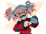  1girl :d blue_hair blue_tongue colored_tongue earrings fangs gradient_hair highres inari1369 inkling inkling_girl jewelry light_blue_hair long_sleeves looking_at_viewer multicolored_hair open_mouth pointy_ears red_eyes red_hair red_sole-chan_(splatoon) shirt short_hair sleeves_past_wrists smile solo splatoon_(manga) splatoon_(series) striped striped_shirt suction_cups teeth tentacle_hair twintails two-tone_hair x_fingers 