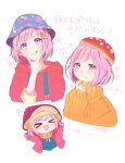  &gt;_&lt; 1girl :q blue_headwear blush bob_cut bucket_hat commentary_request drawstring food-themed_hair_ornament food_print grin hair_ornament hat highres hood hood_down hoodie index_finger_raised looking_at_viewer multiple_views mushroom mushroom_hair_ornament mushroom_hat mushroom_print ootori_emu pink_hair project_sekai red_hoodie shinonome_neko-tarou short_hair smile sweater tongue tongue_out translation_request white_background yellow_sweater 