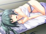  1girl bangs bare_arms closed_eyes clothes_lift cookie_4is futon game_cg green_hair hair_between_eyes kawagishi_keitarou long_hair lying maji_de_watashi_ni_koi_shinasai! midriff navel on_side open_mouth panties ponytail shiny shiny_hair shirt shirt_lift sleeping sleeveless sleeveless_shirt solo stomach under_covers underwear white_panties white_shirt 