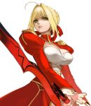  1girl ahoge angry blonde_hair braid breasts cleavage conto epaulettes fate/extra fate/grand_order fate_(series) french_braid from_below green_eyes hair_intakes lips looking_at_viewer looking_down nero_claudius_(fate) nero_claudius_(fate/extra) puffy_sleeves simple_background solo sword weapon white_background wide_sleeves 