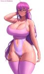  big_breasts breasts cleavage clothed clothing elf female hair hi_res humanoid legwear not_furry purple_hair smile solo superbusty thigh_highs 