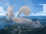  2022 anthro barefoot bikini bikini_top bridge building butt canid canine city clothing cloud feet fox fur giga hi_res landscape_dwarfing looking_up macro mammal panties pawpads scream_(artist) sky skyscraper swimwear underwear 