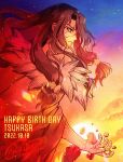  1boy black_hair carnelian character_name cloud cloudy_sky commentary_request cracked_skin dated dr._stone english_text happy_birthday highres long_hair male_focus red_eyes shishiou_tsukasa sidelocks signature sky solo sun sunlight upper_body wavy_hair 