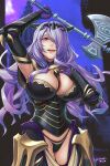 1girl armor axe battle_axe black_armor black_panties breasts camilla_(fire_emblem) cleavage fire_emblem fire_emblem_fates gloves hair_over_one_eye hybridmink large_breasts lips long_hair looking_at_viewer open_mouth panties purple_eyes purple_hair smile solo tiara underwear very_long_hair wavy_hair weapon 